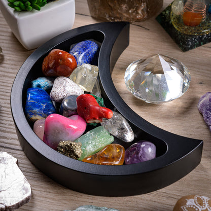 Crescent Moon Tray - Showcase Your Gems, Healing Stones & Treasures - 6"x3" Wooden Crystal Display Tray, Crystal Holder for Stones Display Shelf, Gemstone Rock Holder Charging Bowl, Black, S