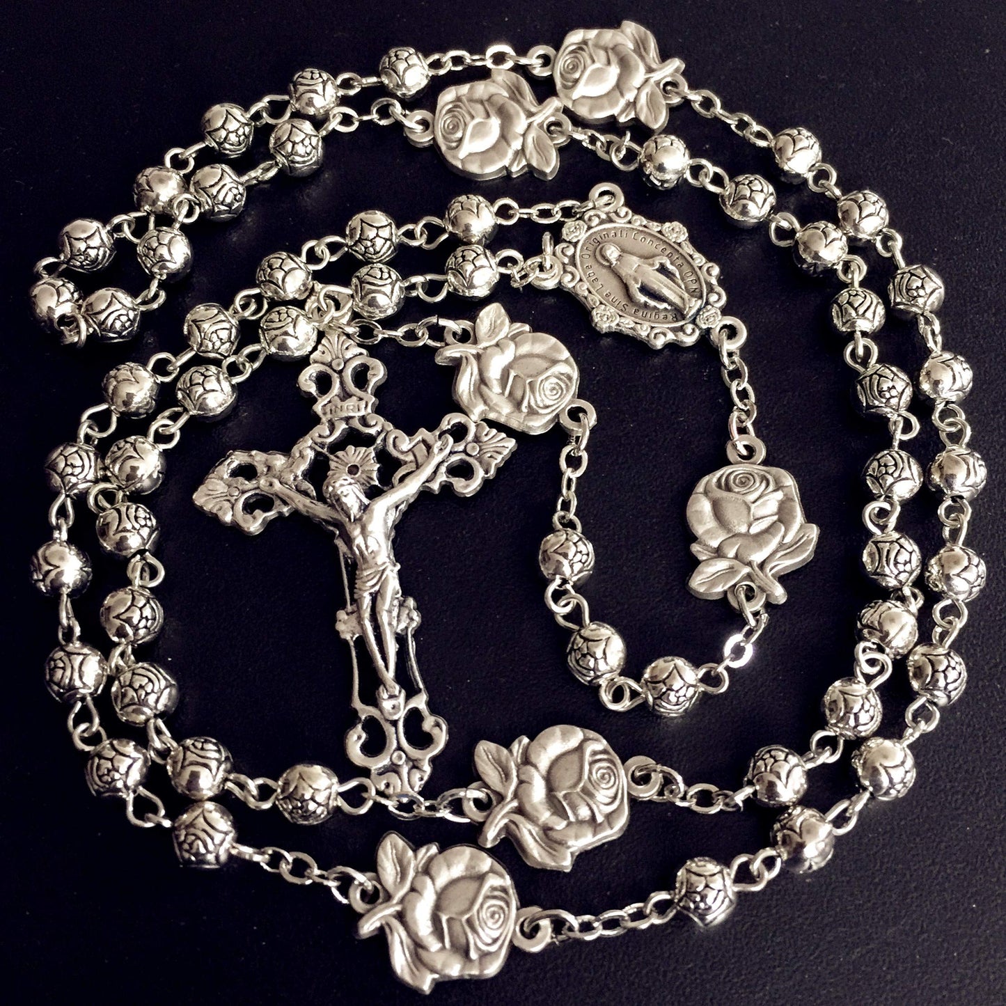 elegantmedical HANDMADE Silver rose beads Catholic 5 DECADE Rosary case Cross Gift Box Italy crucifix cross