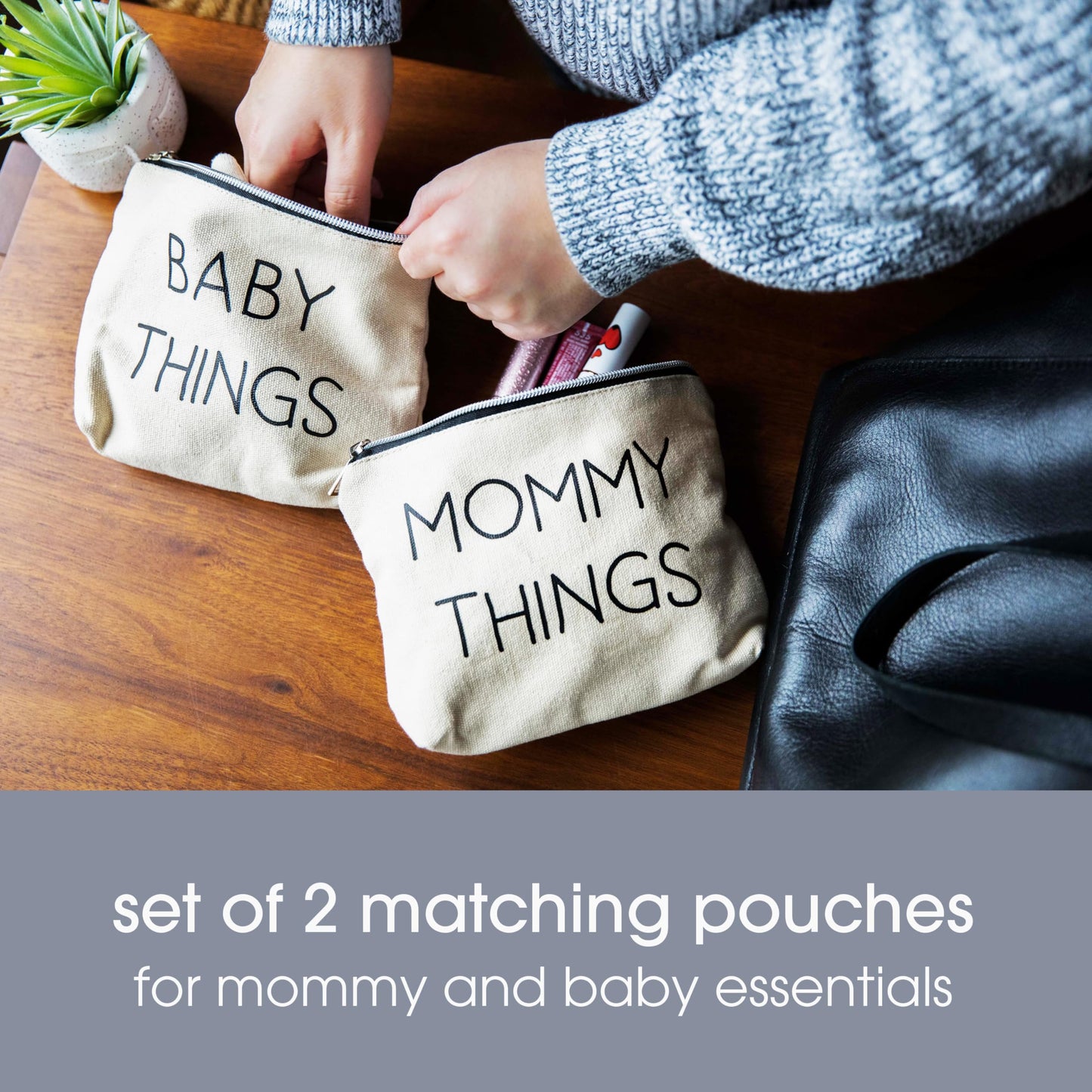 Pearhead Mommy and Baby Things Pouch Set, Canvas Zipper Organizer Bags for Diaper Bag and Travel, Cosmetic and Makeup Bag for Mom