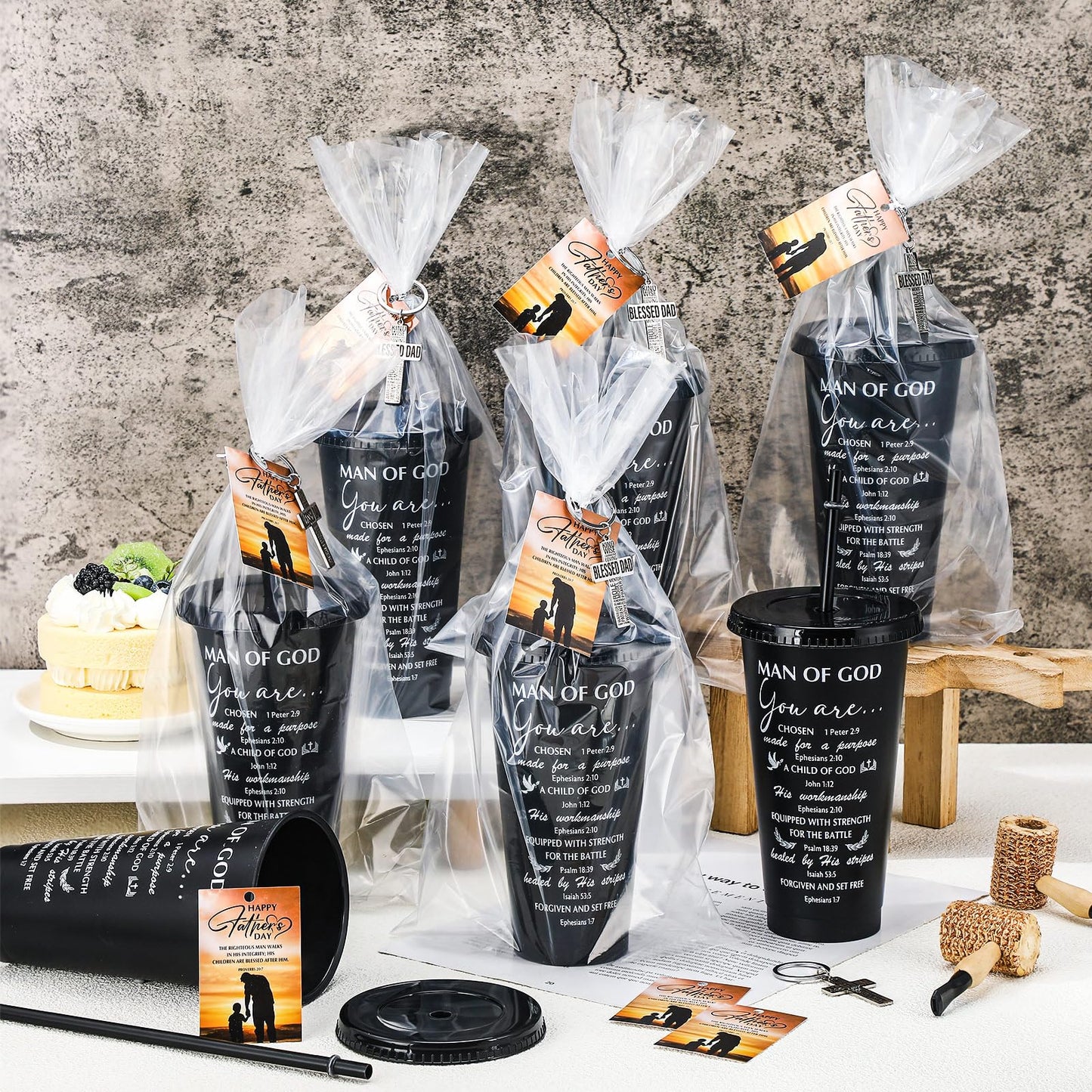 Skylety 40 Sets Father's Day Cup Gift Set Inspirational Christian Gift Bible Verse Tumbler Bulk Cups with Lids and Straws 24 oz Plastic Tumbler Religious Plastic Cup for Church Party Favor