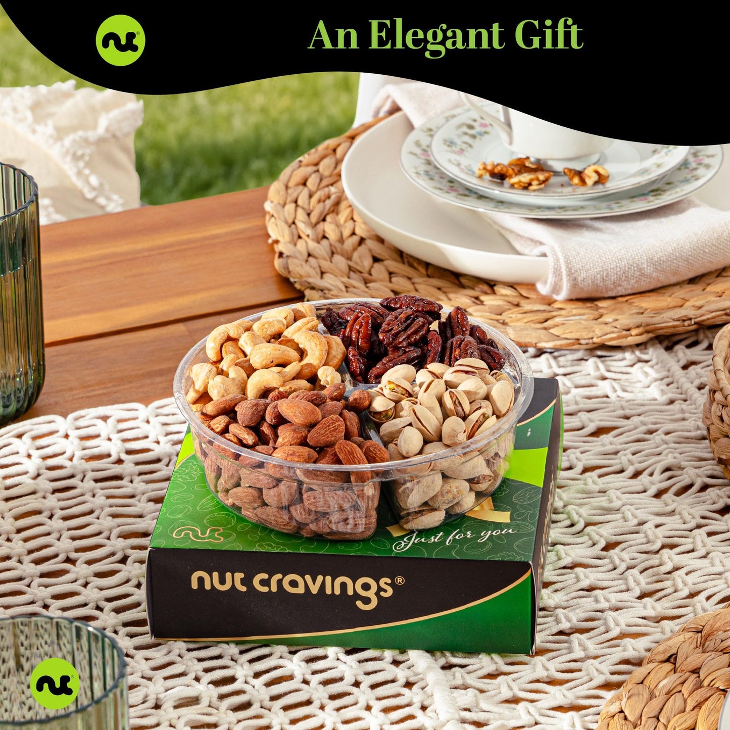 NUT CRAVINGS - Fathers Day Treats, Gift For Dad, Mixed Nuts Gift Basket in Green Gold Box (4 Assortments) Treats for Adults, Food Arrangement, Healthy Snack Care Package, Kosher