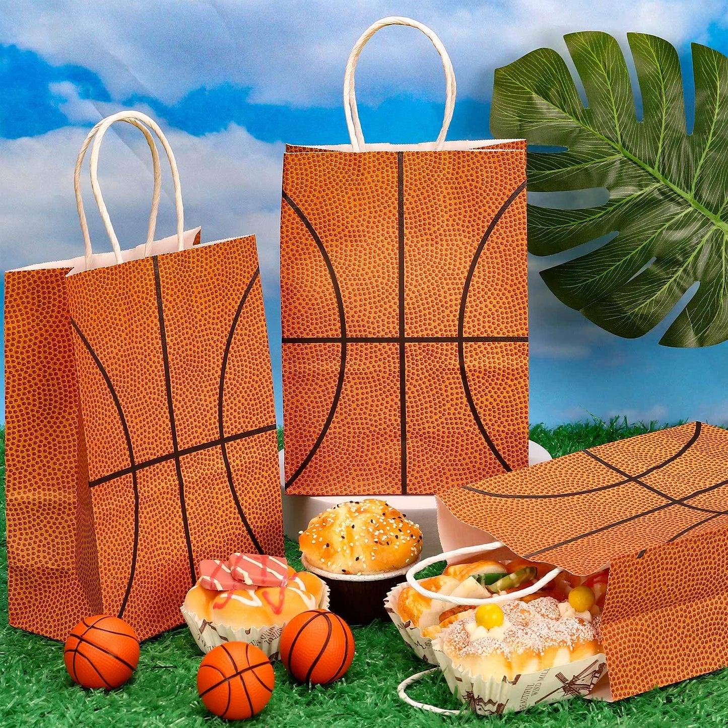 WATMTIN 18 Pcs Basketball Party Gift Bags, Basketball Pattern Gift Bag with Handle, Paper Treat Candy Goodie Bags for Basketball-Themed Party Games Sports Day Birthday Decorations Supplies