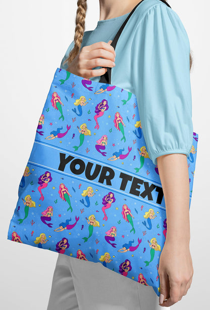 Personalized Tote Bag - Mermaids, Custom Name/Text, Reusable w/Straps, Canvas Cloth Fabric, Customized Gift Idea, Birthday/Christmas/Holiday Present, 18x18