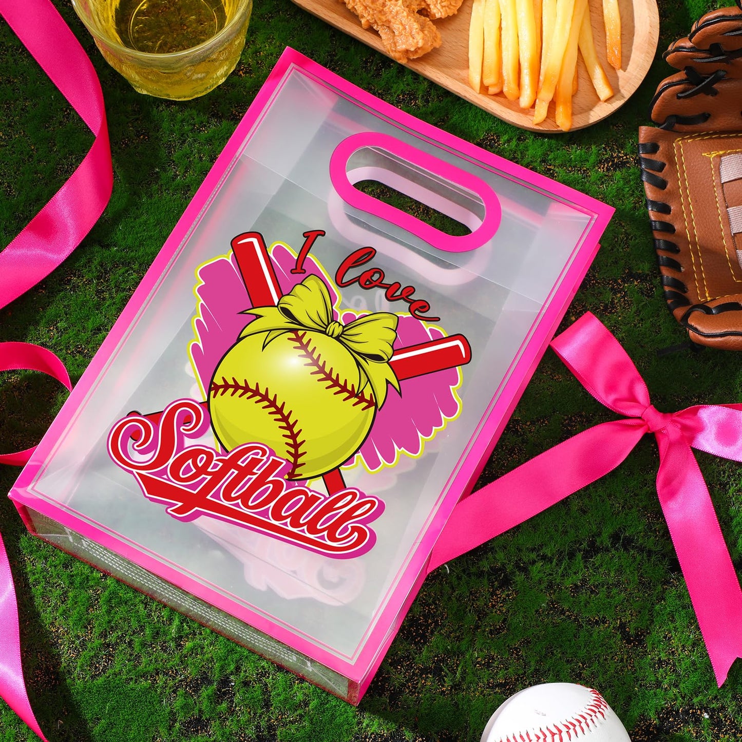 Aliceset 12 Pcs Softball Clear Goodie Bag with Die Cut Handles and Ribbons Sport Theme Party Favor Bags for Softball Team Snack Wrapping Teamer Gifts Birthday Party Treats Supplies, 7x10x3.15 Inch