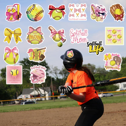 50PCS Pink Coquettte Bows Softball Stickers, Cute Motivational Vinyl Waterproof Stickers for Water Bottles,Helmets, Luggage, Teaching Incentives, Softball Gifts for Girls Kids, Teens and Adults