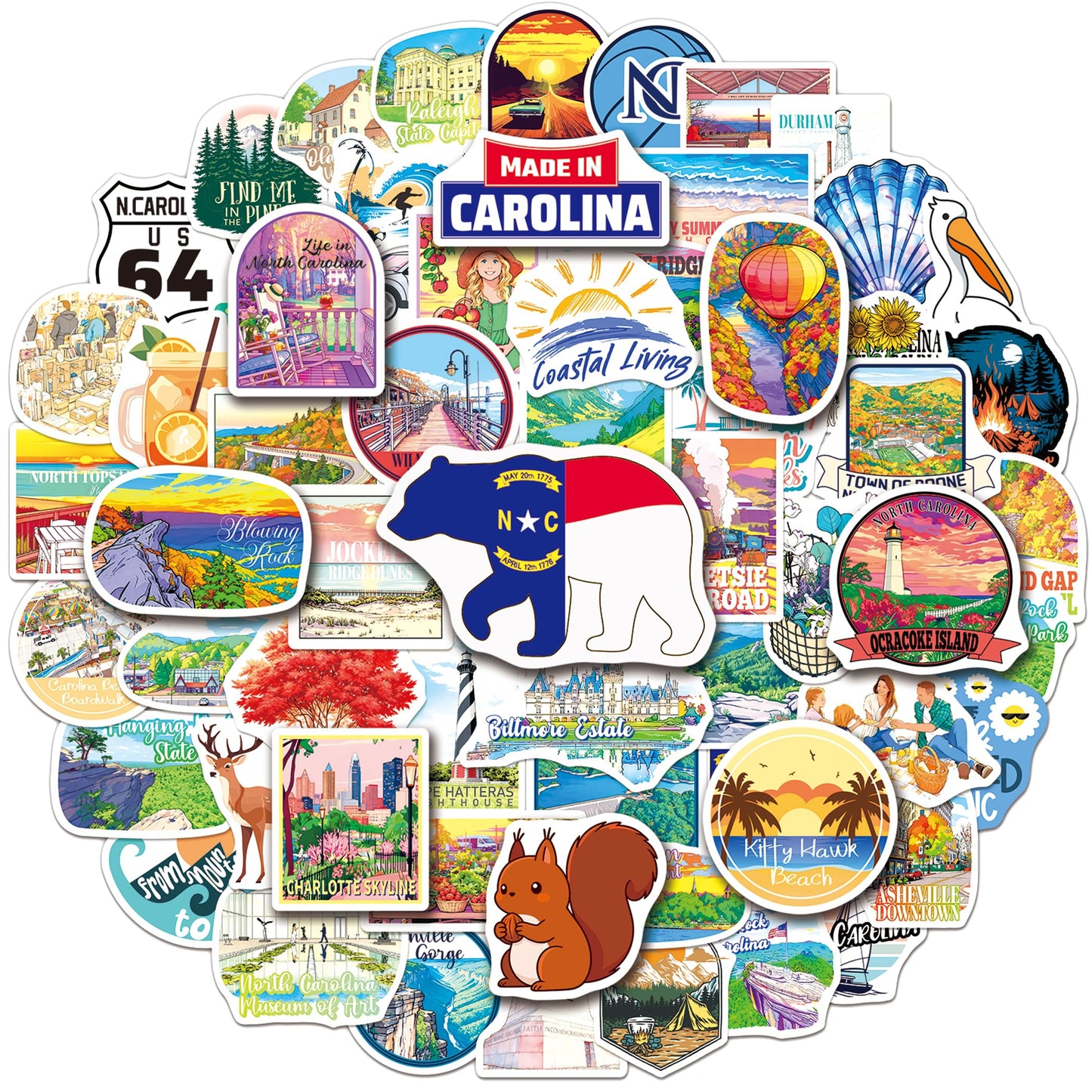 YTSQLER 200 PCS North Carolina Stickers, North Carolina Travel Stickers for Laptop Party Supplies Water Bottle Journal, Vinyl Travel Souvenirs Decals for Women Men Teens