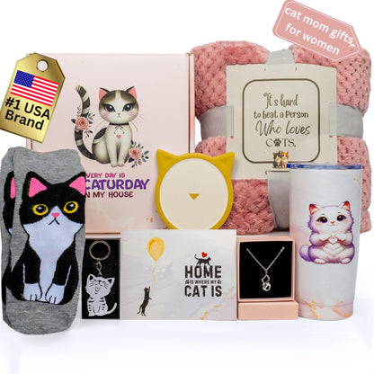 Luxury Cat Lover Gifts for Women, Cat Mom Gifts for Women, 8pc Cats Themed Gift Set with Premium Blanket & Shatterproof Steel Tumbler, Crazy Cats Lady Gift Box for Birthday & Mothers Day