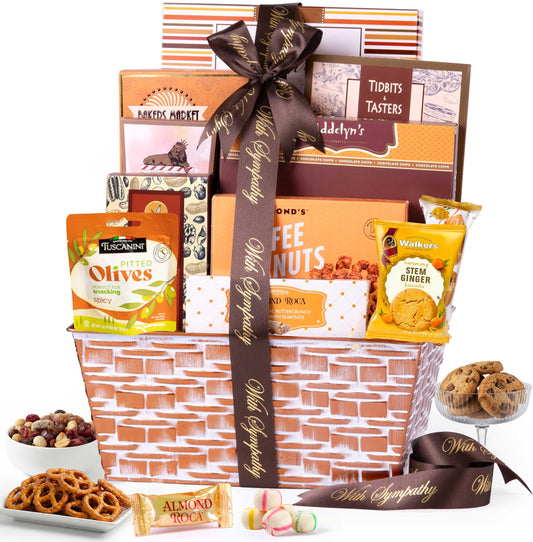 Broadway Basketeers Sympathy Gift Basket Deluxe, Condolences Gifts for Loss, Bereavement or Kosher Shiva, Food Care Package for Delivery With Snacks & Sweets