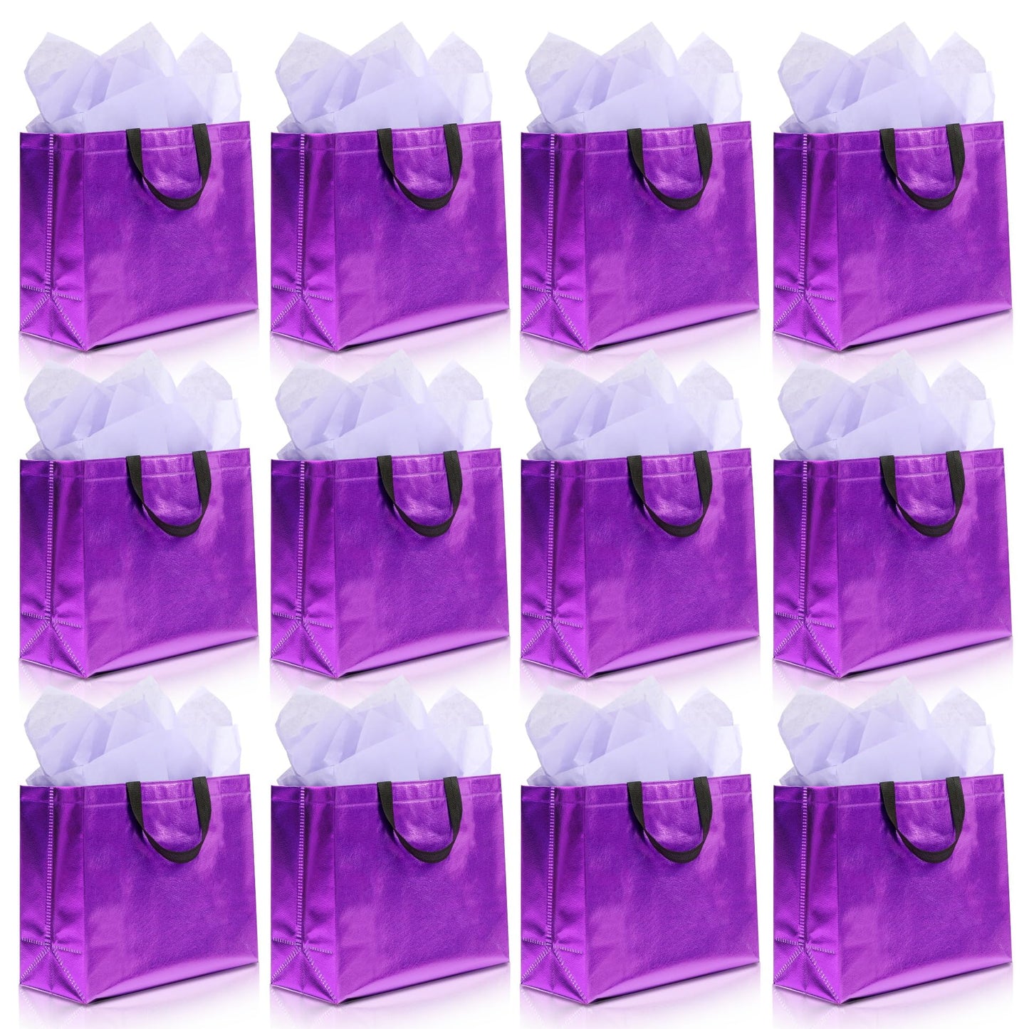 KeerxunBag 12Pcs Reusable Gift Bags（Includes Tissue Paper） Gift bag with handle Birthdays Parties Holidays Weddings Medium 13x5x11in Purple Gift Bags