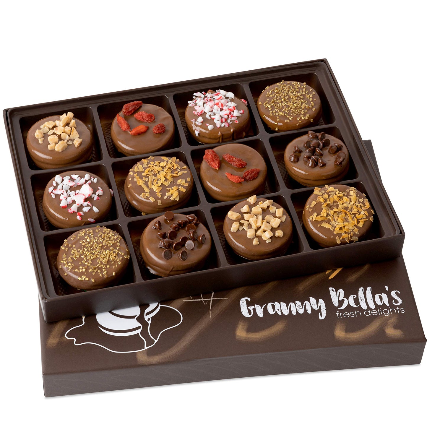Granny Bellas Mothers Day 12 Chocolate Covered Cookies, Gift Basket for Him, Her Gourmet Candy Spring Baskets Treats Gifts Box for Food Delivery for Mother, Mom, Wife, Grandmother, Grandma, Daughter, Sister