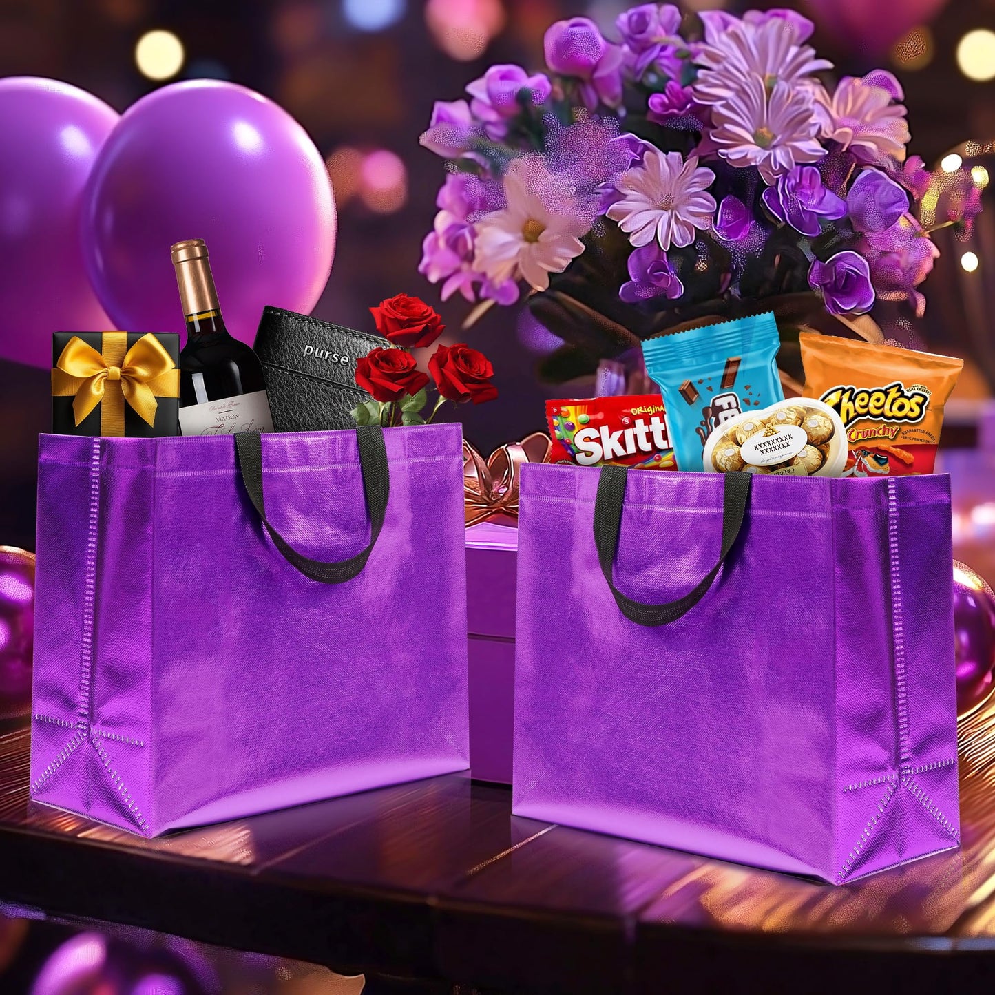 KeerxunBag 12Pcs Reusable Gift Bags（Includes Tissue Paper） Gift bag with handle Birthdays Parties Holidays Weddings Medium 13x5x11in Purple Gift Bags