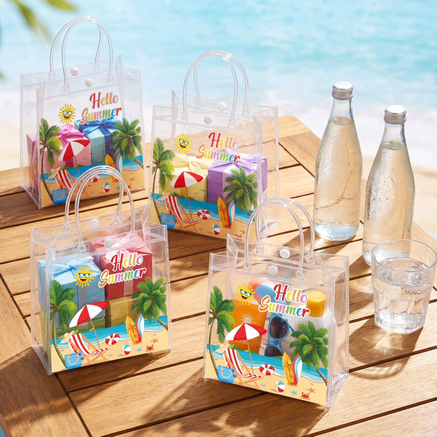 Renbuzhu 25PCS Summer Gift Bags Bulk 8 x 8 x 3Inches: Clear PVC Transparent Bag Waterproof Tote with Handles Beach Pool Birthday Tropical Party Supplies