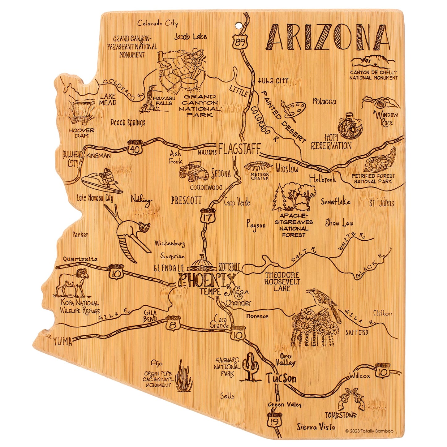 Totally Bamboo Destination Arizona Shaped Cutting Board – Bamboo Charcuterie and Serving Board with Hang Tie for Wall Display