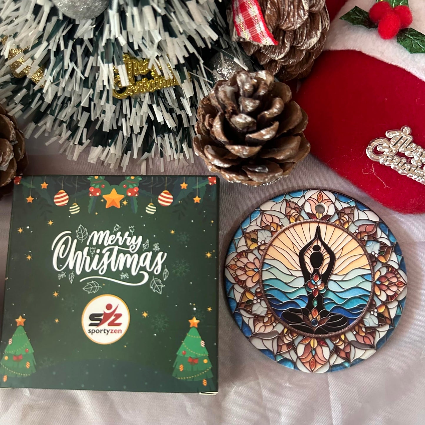 Yoga Meditation Ceramic Ornament – Tranquil Lotus Pose Sun & Waves Design – Spiritual Home Décor Gift for Yoga Lovers, Mindfulness, Zen & Boho Style
