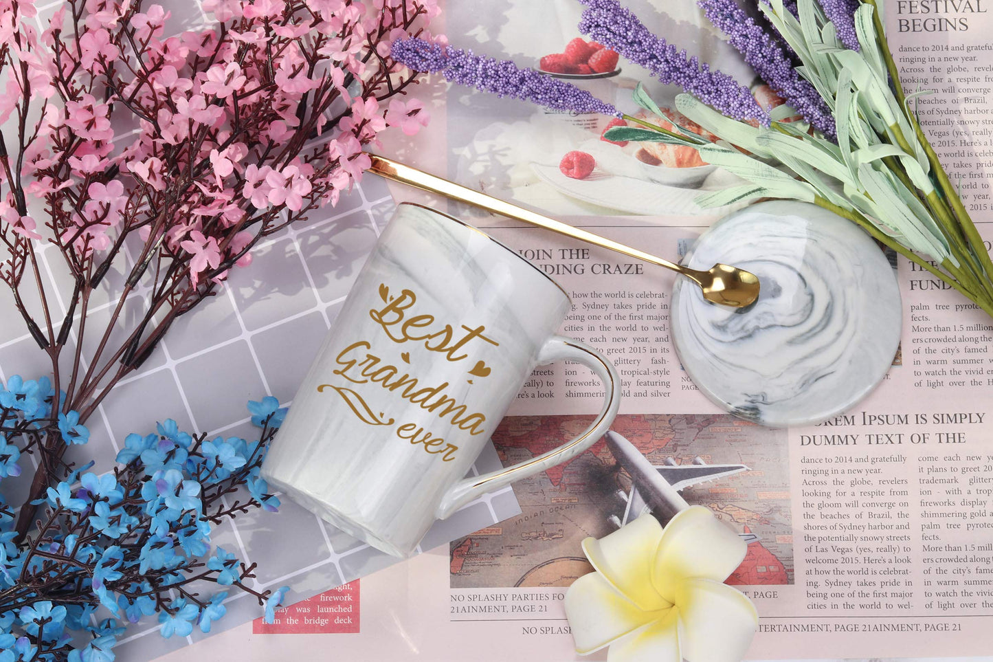 Best Grandma Ever Mug Coffee Gifts Birthday Mothers Day for from Granddaughter Grandson Grandchildren Grandkids 14 Ounce Gift Box with Spoon and Mat Gray