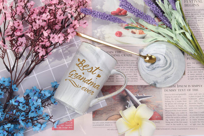Best Grandma Ever Mug Coffee Gifts Birthday Mothers Day for from Granddaughter Grandson Grandchildren Grandkids 14 Ounce Gift Box with Spoon and Mat Gray