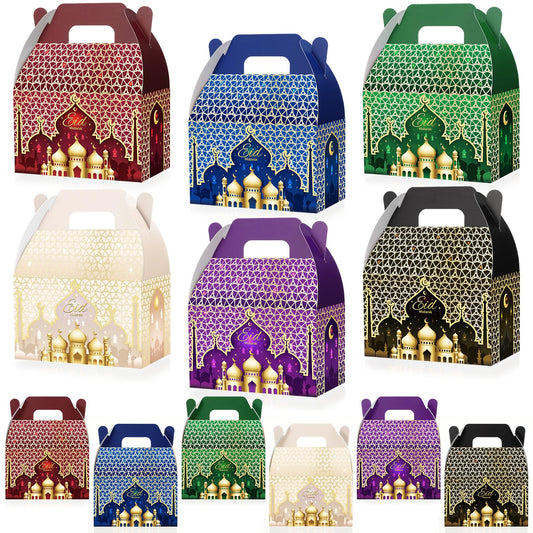 FunooFuno 12 Pcs Ramadan Eid Treat Box Mubarak Gift Box Castle Star Moon Lantern Ramadan Mubarak Goodie Candy Paper Bag for Muslim Eid Al Fitr Party Supplies
