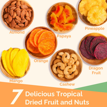 Dried Fruit Gift Basket - 7 Tropical Flavor Dried Fruit Basket Gift |12.5oz Soft Dried Fruit and Nuts Gift Basket - Dry Fruits Gift Box | Healthy Food Gifts for Men Food Gift Baskets for Women Dad Mom