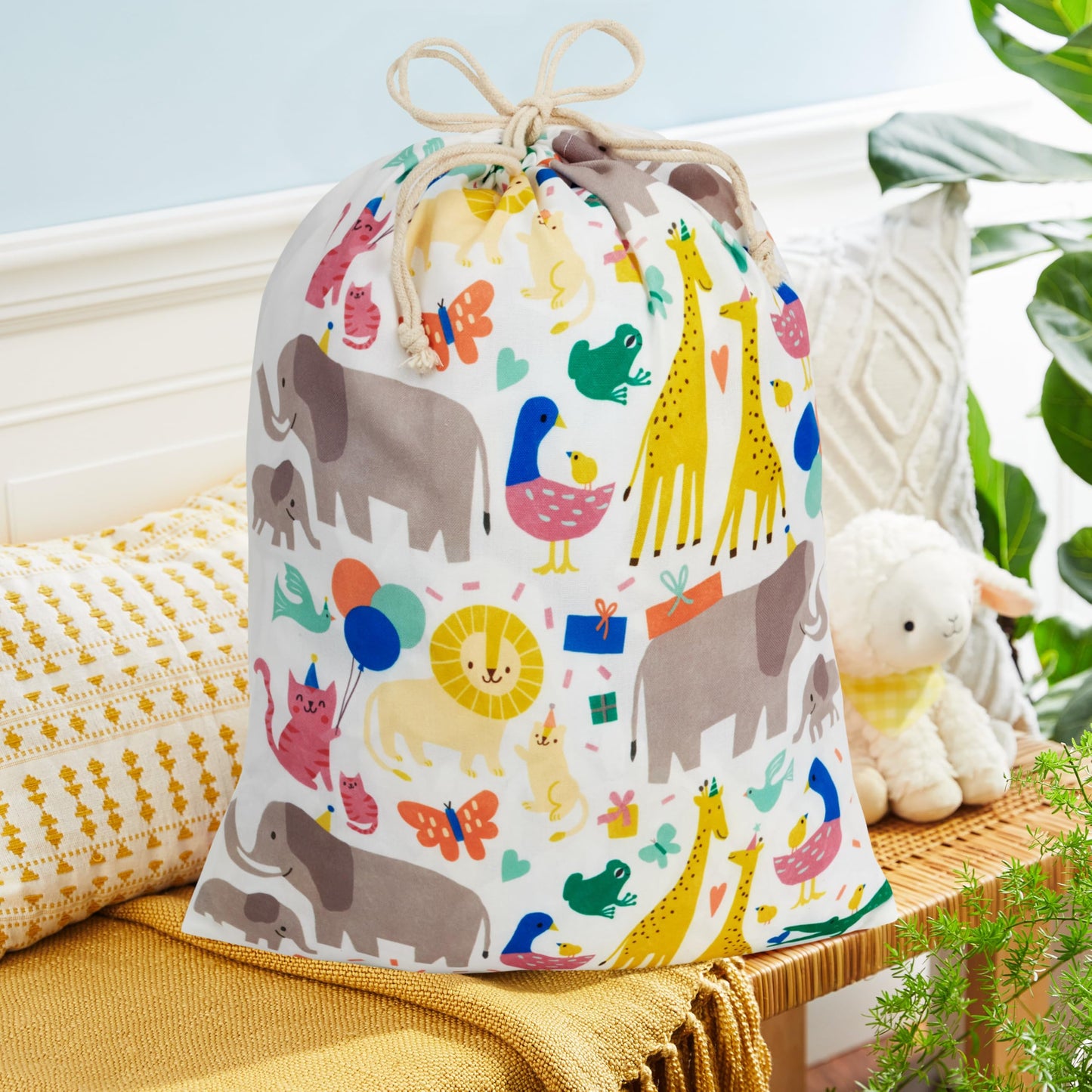 Hallmark 19" Large Canvas Drawstring Bag (Zoo Animals) Reusable Gift Bag for Baby Showers, Gender Reveal Parties, Kids Birthdays