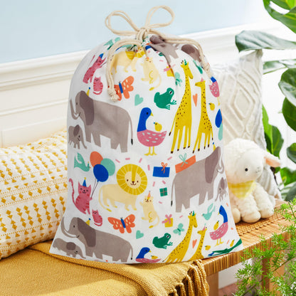 Hallmark 19" Large Canvas Drawstring Bag (Zoo Animals) Reusable Gift Bag for Baby Showers, Gender Reveal Parties, Kids Birthdays