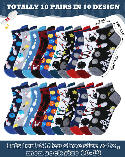 Haysandy 10 Pairs Funny Bowling Socks Novelty Bowling Theme Ankle Socks Bulk Fun Low Cut Sport Gift for Bowler Lover Coworker