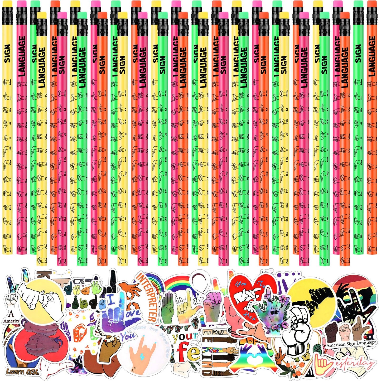 Affrolling 136 Pcs Sign Language Gift Set Including 36 Pcs Sign Language Pencils and 100 Pcs ASL Waterproof Stickers PVC American Sign Language Stickers Incentive Gift for Learning Sign Language
