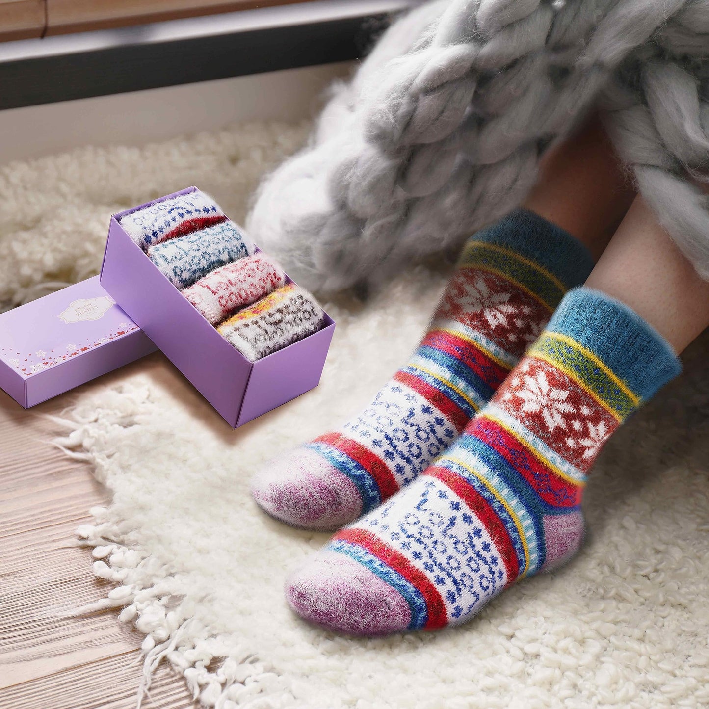 ICEIVY 5 Pair Fuzzy Cozy Socks for Women - Warm Comfy Soft Casual Home Sleep Winter Wool Socks - Gifts for Women