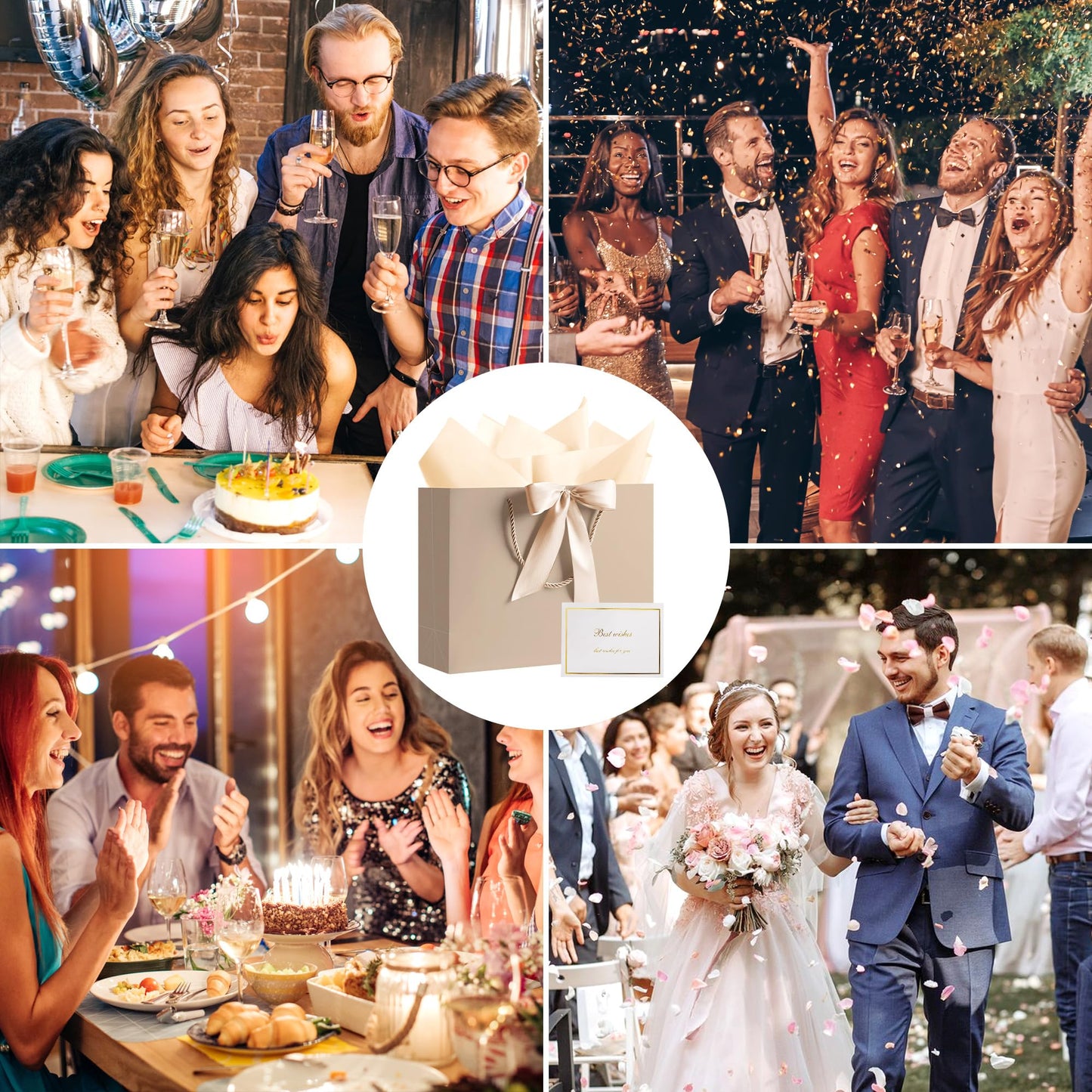 PASEOTA 12.6" Gift Bags Bulk, 10 Pcs Gift Bags with 20 Tissue Paper 10 Greeting Cards, Luxury Bag with Handles for Wedding Birthday Graduation Fathers' Day (Champagne)