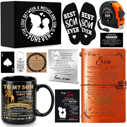 11 Pcs Son Gifts from Mom with 11 Oz Ceramic Cup, Leather Journal, Desk Decorative Sign, Socks, Tape Measure, Bracelet, Keychain for Birthday Graduation Father's Day Christmas Gift for Teens Adult