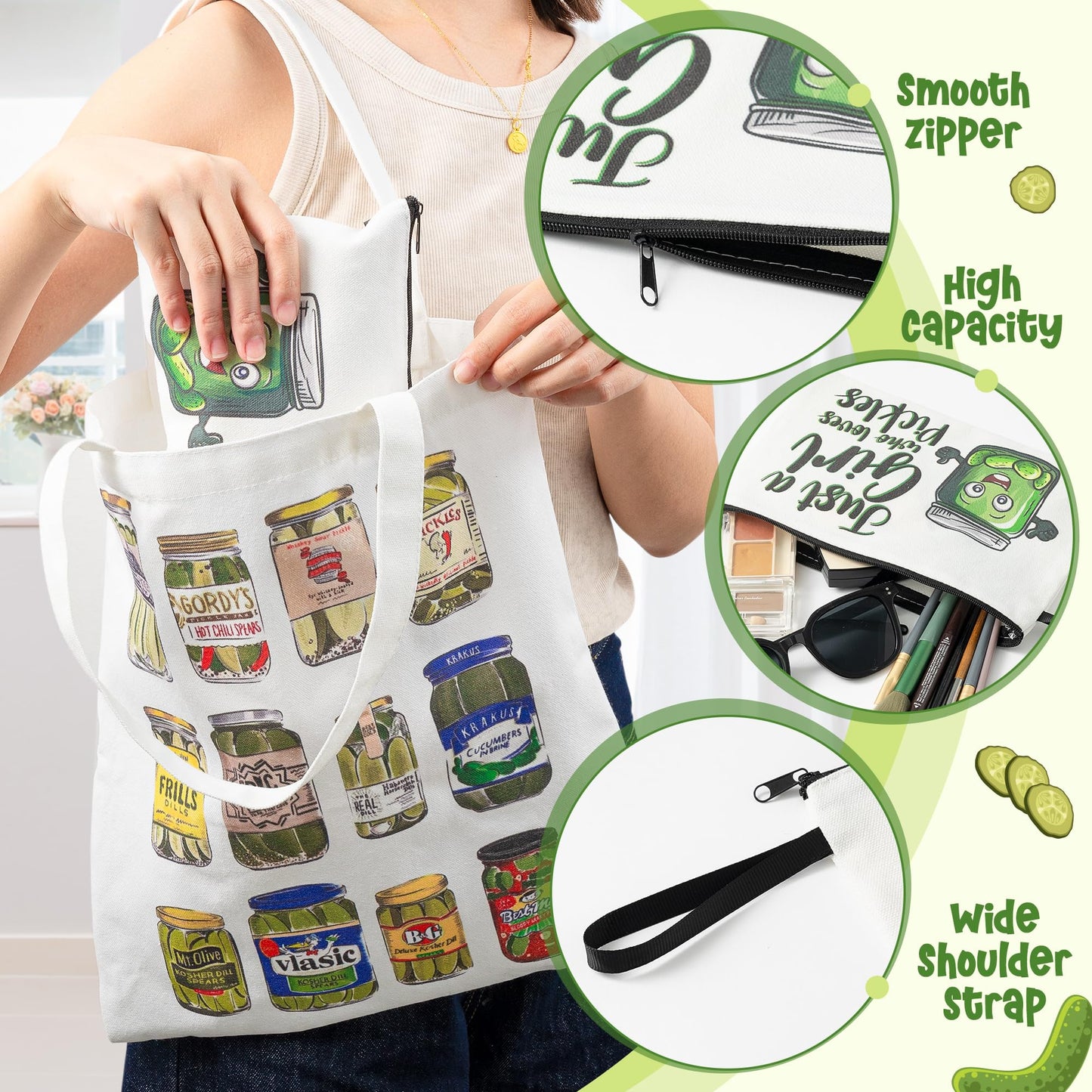 laffact Pickle Jar Tote Bag - Canned Pickles Canvas Handbag Gift Alphabet Merchandise Cotton Shoulder Tote Bag Makeup Bag for Shopping Gym Women Pickled Food Enthusiasts Lover Birthday Christmas