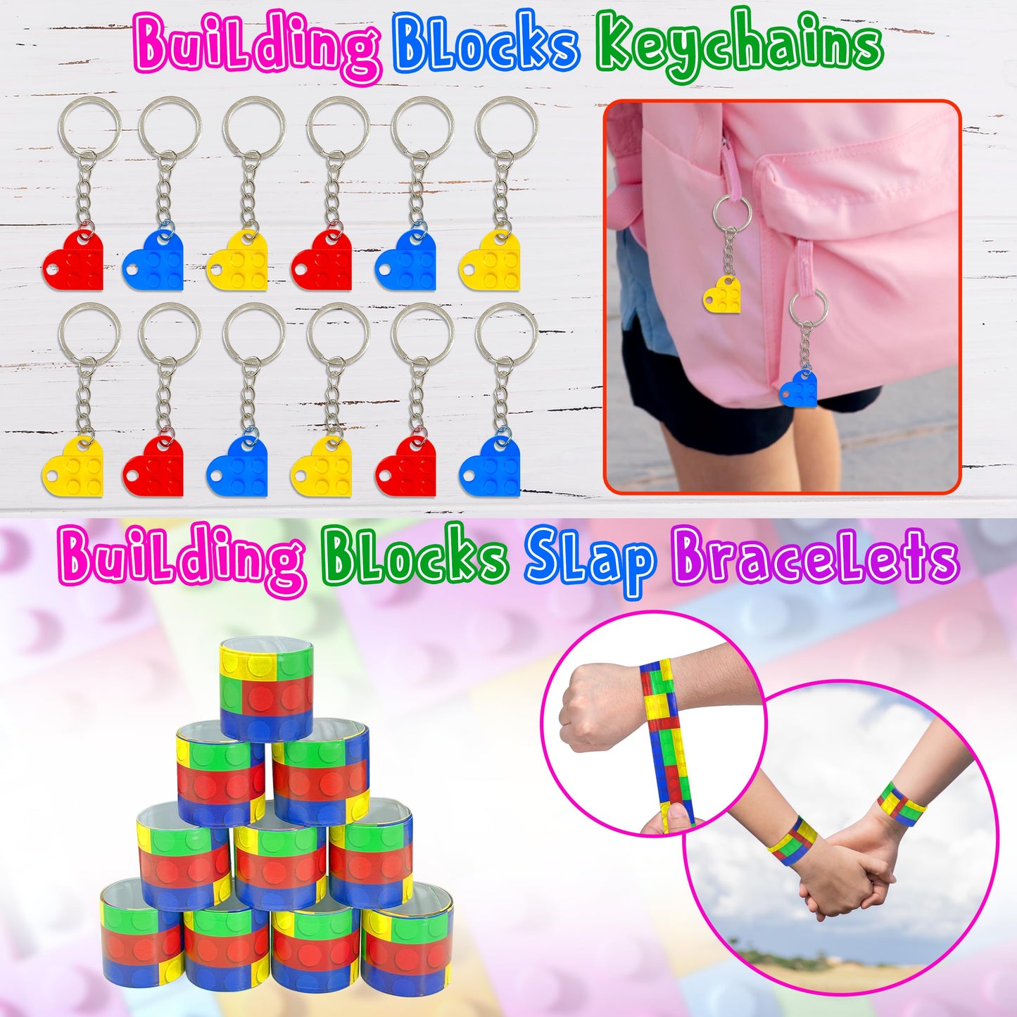 LINAYE 12 Packs Building Blocks Party Favors - 122 Pcs Birthday Party Favors Supplies with Goodie Bags, Animals Building Blocks, Notebooks, Tattoo Stickers Sheets Gift Bag Stuffers for Kids