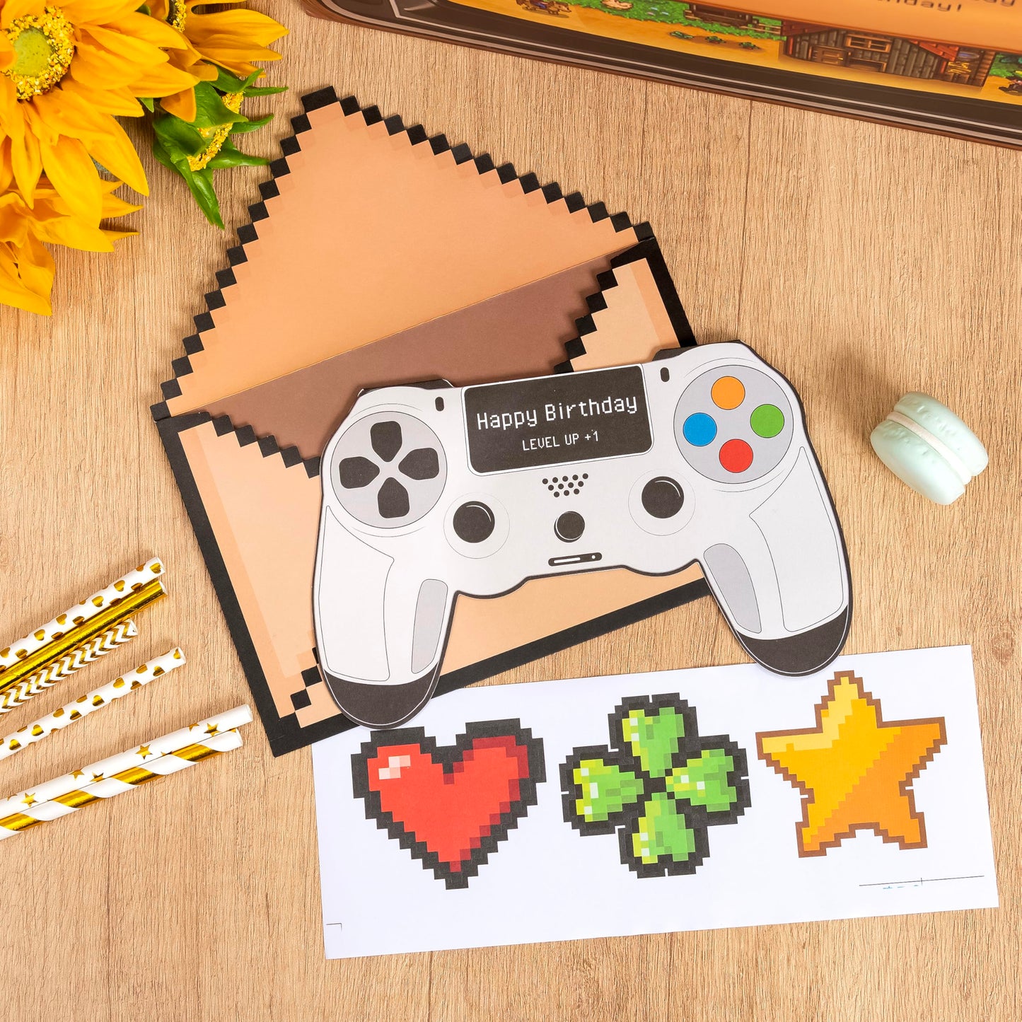 Crisky Gamer Birthday Gift Bag Set – Pixel Art Design with Greeting Card, Tissue Paper & Stickers | for Boys, Men, Video Game Party Favors & Decorations, 13 inch