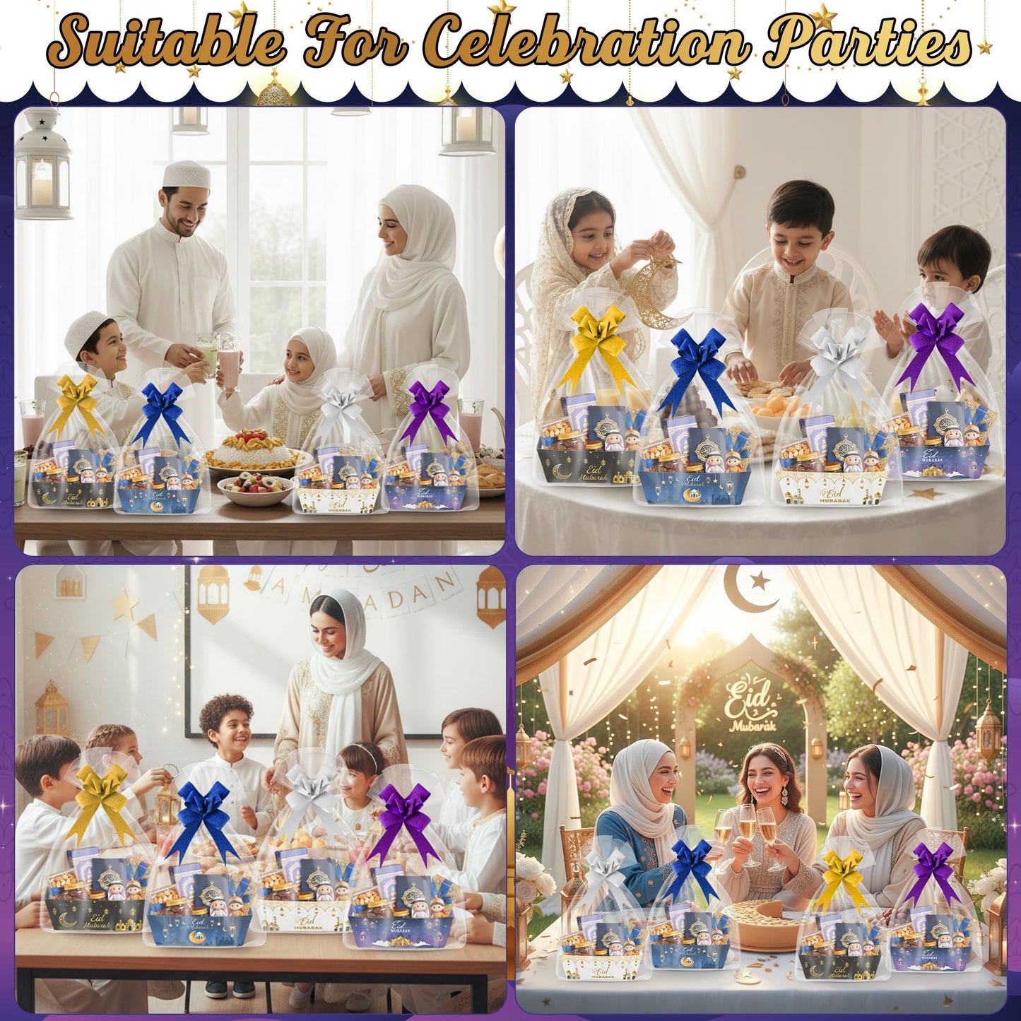 OSNIE Eid Mubarak Gift Bag Empty Baskets - 24 Sets Islamic Eid Gold Lantern and Moon Party Gift Baskets Empty with Cellophane Bags and Ribbons Bows for Festivals Holiday Business Carnival (4 Styles)