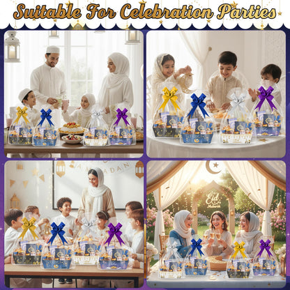 OSNIE Eid Mubarak Gift Bag Empty Baskets - 24 Sets Islamic Eid Gold Lantern and Moon Party Gift Baskets Empty with Cellophane Bags and Ribbons Bows for Festivals Holiday Business Carnival (4 Styles)
