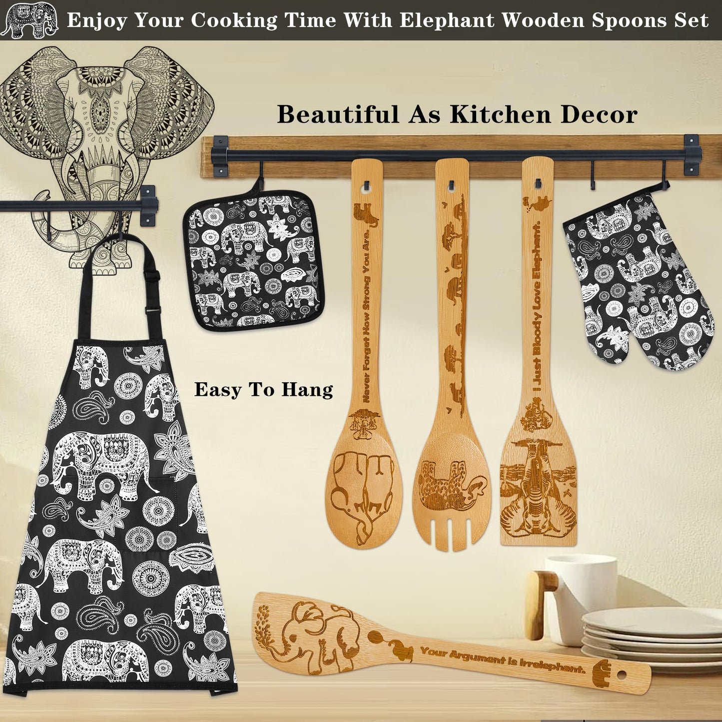Elephant Gifts for Women,8pcs Elephants Bamboo Cooking Utensil Spoons with Apron Oven Mitt Potholder,Personalized Elephant Gift for Mom,Housewarming Kitchen Decor,Easter,Birthday,Mother's Day