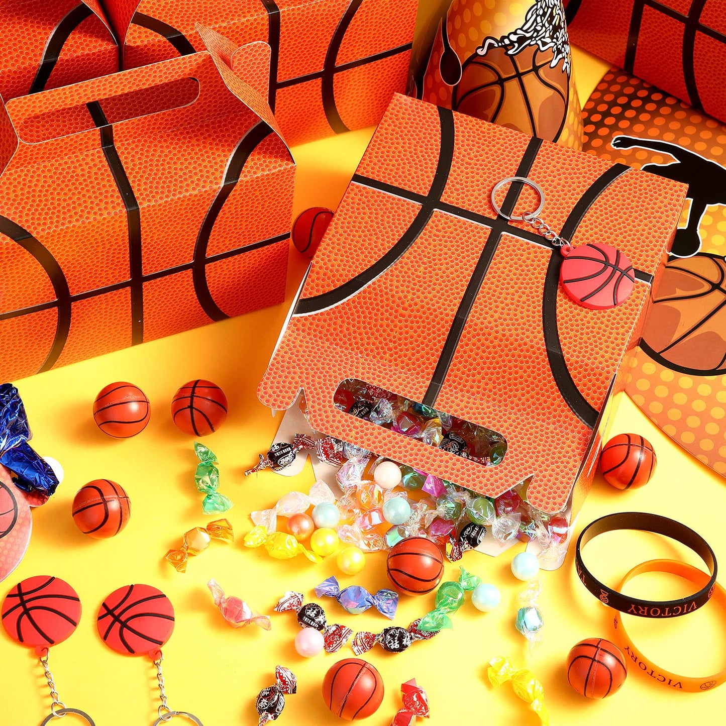 Chinco 12 Pieces Basketball Goody Box Party Favor Bags Sports Gift Candy Goodie Bags Basketball Party Favors Treat Boxes with Handles Gift Supplies Decorations for Baby Shower Adult Birthday