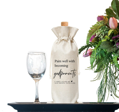 Godparents Proposal Gifts, God Parents Presents Proposal Gifts From Godchild, Will You Be My Godparents Wine Bag For Godparent Proposal, Godfather, Godmother, 1 Pc Burlap Wine Bottle Cover Bag (A01)