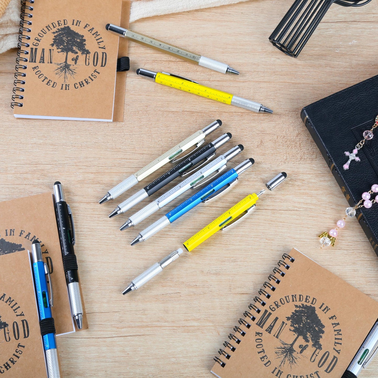 20 Sets Man of God Christian Gifts for Men, Religious Spiral Notebooks with 6 in 1 Multi Tool Pens, Father's Day Birthday Christmas Church Gifts for Coworker Office Staff
