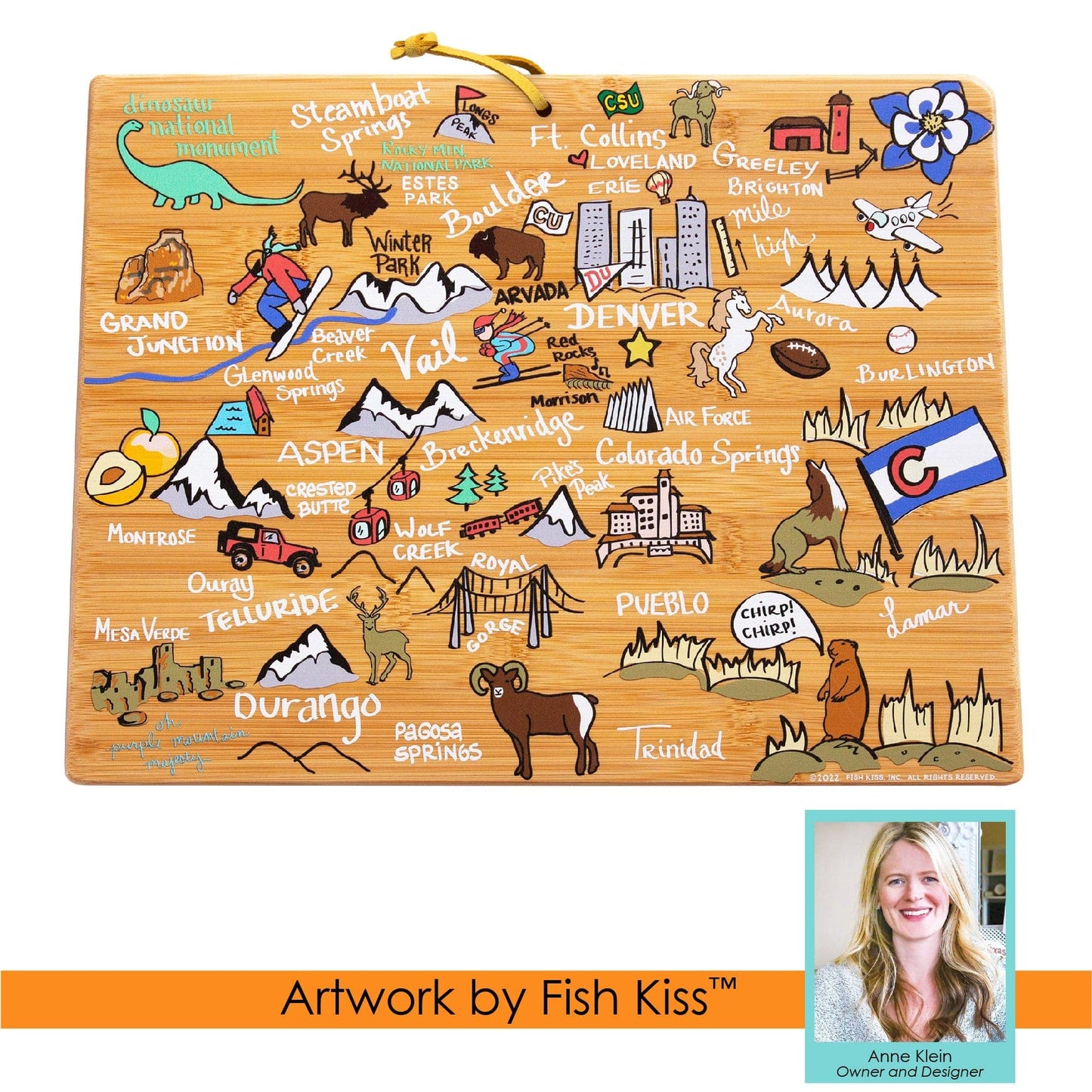 Totally Bamboo Colorado State Shaped Cutting Board and Charcuterie Serving Platter with Artwork by Fish Kiss, Includes Hang Tie for Wall Display