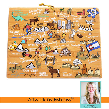 Totally Bamboo Colorado State Shaped Cutting Board and Charcuterie Serving Platter with Artwork by Fish Kiss, Includes Hang Tie for Wall Display