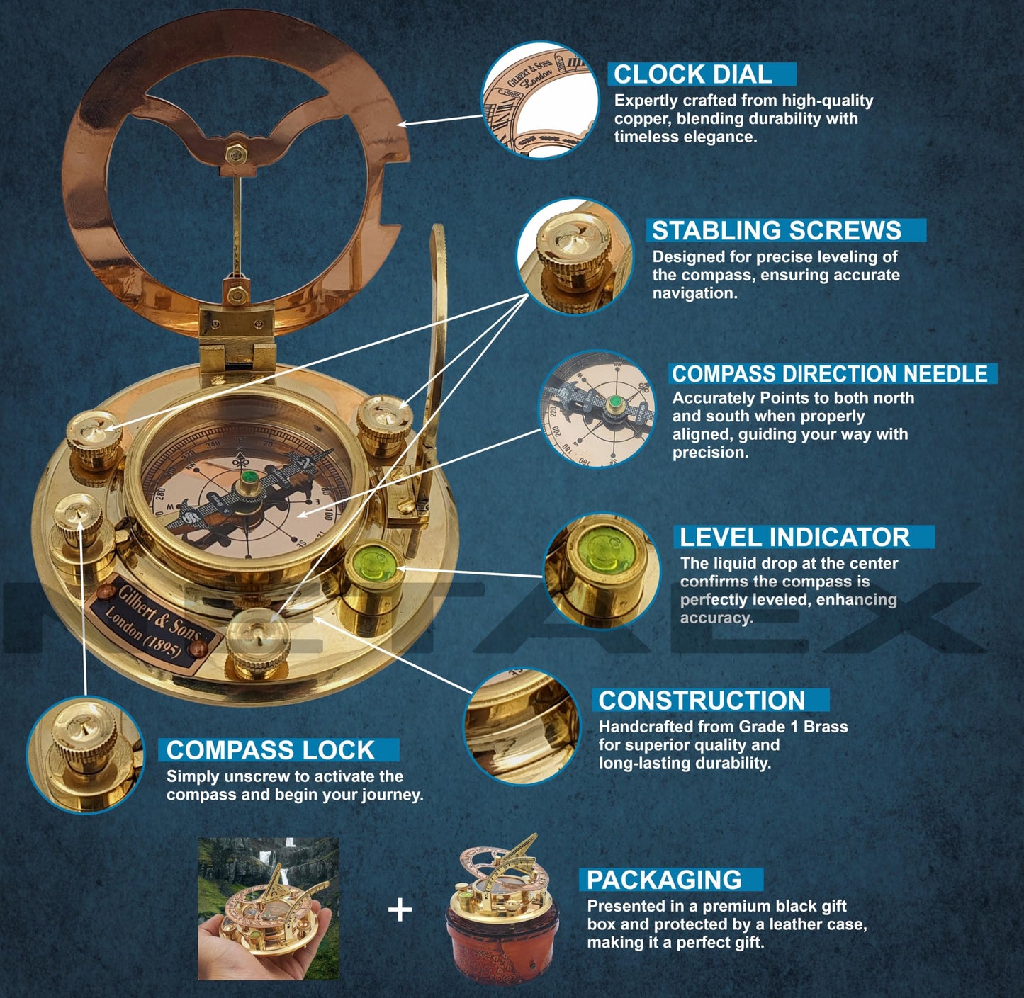 Personalized Engraved Antique Brass & Copper Sundial Compass, Sundial Clock in Leather Box Gift Sun Clock Ship Replica Watch