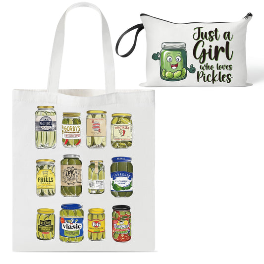 laffact Pickle Jar Tote Bag - Canned Pickles Canvas Handbag Gift Alphabet Merchandise Cotton Shoulder Tote Bag Makeup Bag for Shopping Gym Women Pickled Food Enthusiasts Lover Birthday Christmas