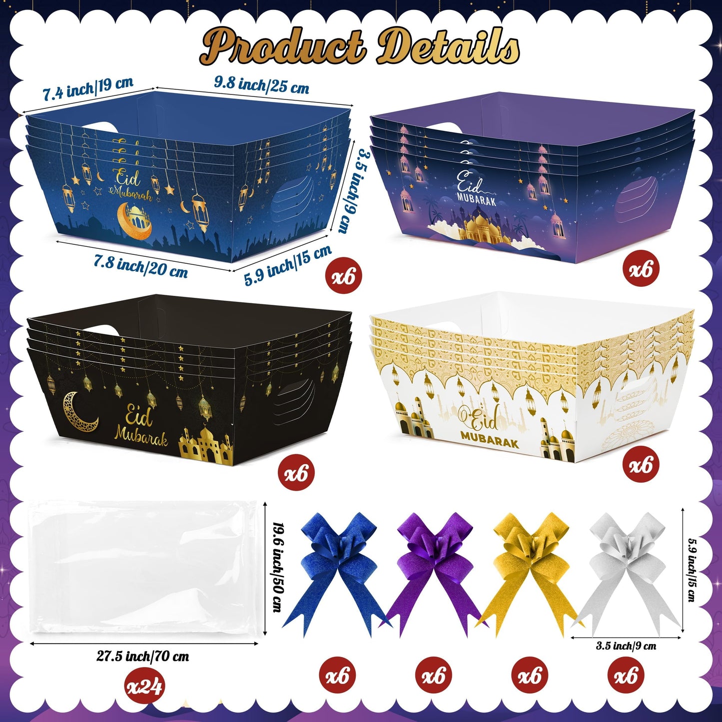 OSNIE Eid Mubarak Gift Bag Empty Baskets - 24 Sets Islamic Eid Gold Lantern and Moon Party Gift Baskets Empty with Cellophane Bags and Ribbons Bows for Festivals Holiday Business Carnival (4 Styles)