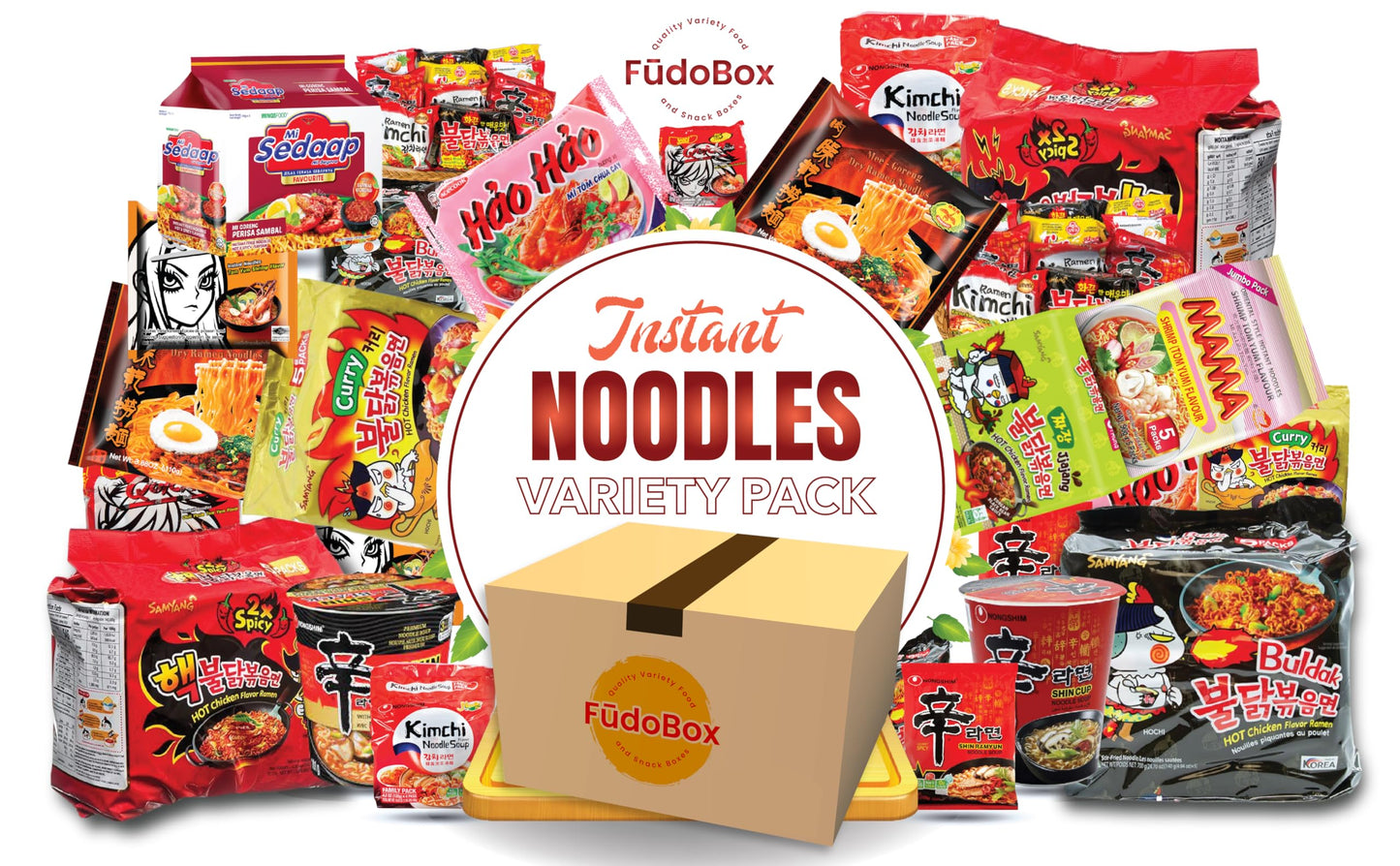 FUDOBOX Asian Instant Ramen Noodles Variety Pack | Mild to Bold Flavors with Chopsticks | Quick Meals and Student Care Package | 15 Pack Assorted