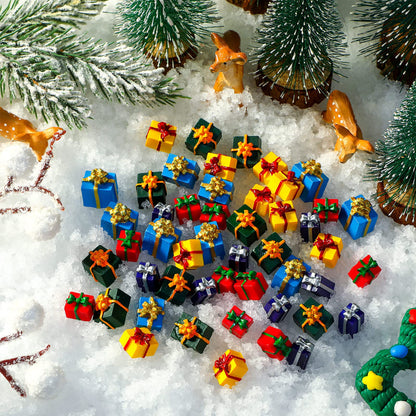 Bucherry 50 Pcs Christmas Miniature Resin Gift Boxes Multicolor Mini Christmas Ornaments Xmas Miniature Figurines Charms for Craft DIY Garden Accessories