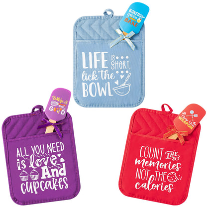 R HORSE 6Pcs Funny Baking Theme Pot Holders Silicone Spatula Gift Set Thank You and Teacher Appreciation Pot Holders Resistant Oven Mitts Baking Cooking Pocket Potholders for End of The Year Teacher