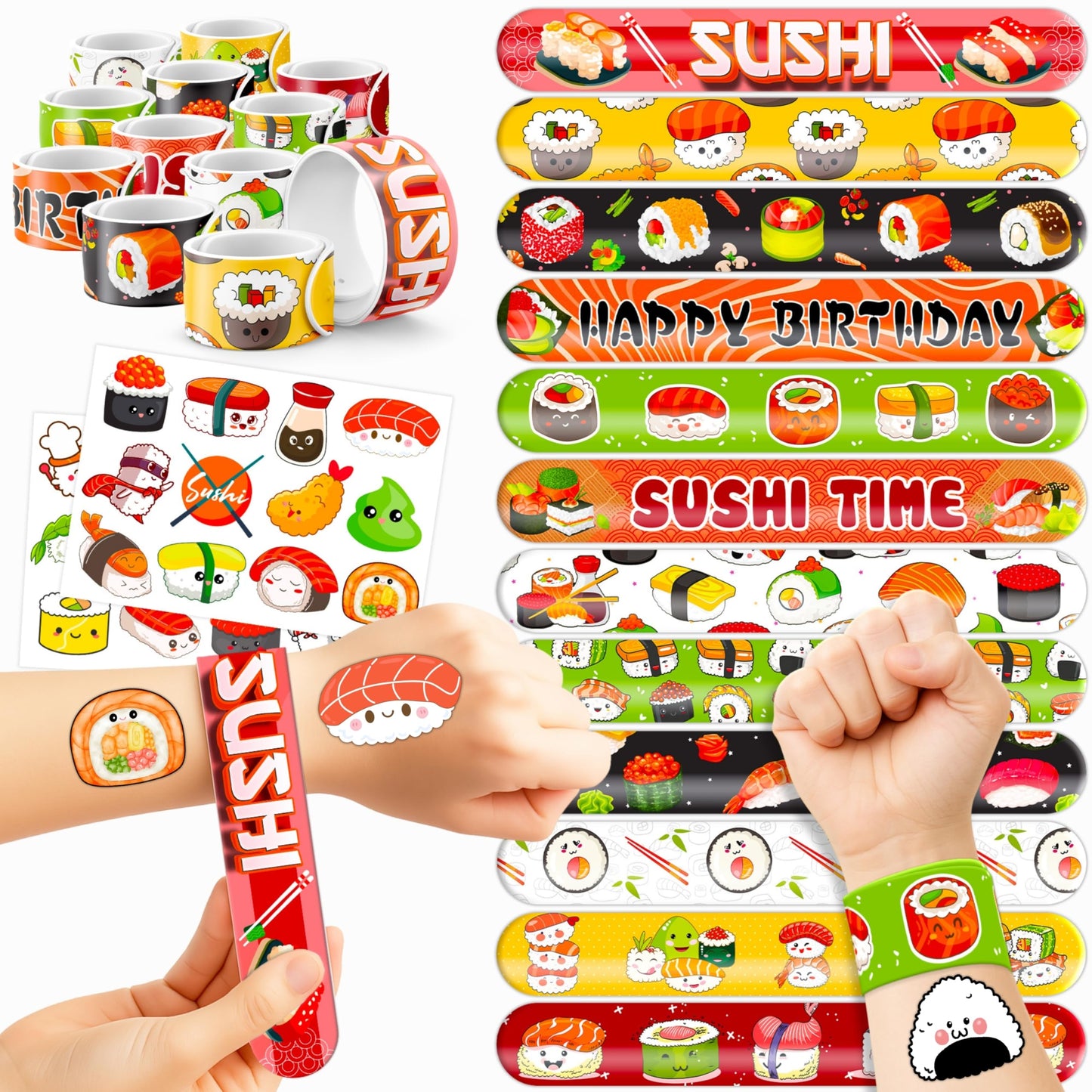 48PCS Sushi Party Set - 24PCS Temporary Pre - cut Tattoos & 24PCS Slap Bracelets - Fun Food-Themed Birthday Supplies, Baby Shower Gifts, Classroom Rewards & Party Decor for Kids (Boys & Girls)