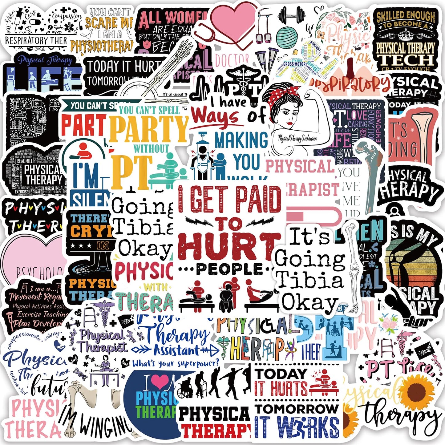 50Pcs Physical Therapy Stickers for Water Bottles,Vinyl Physical Therapist Assistant Stickers,Waterproof PT Life Encourage Sticker Health Physiotherapy Sticker for Laptop Planner Patients Scrapbook