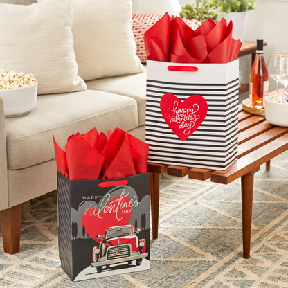Hallmark 13" Large Valentine's Day Gift Bags With Tissue Paper (Stripes and Red Truck 2-Pack)