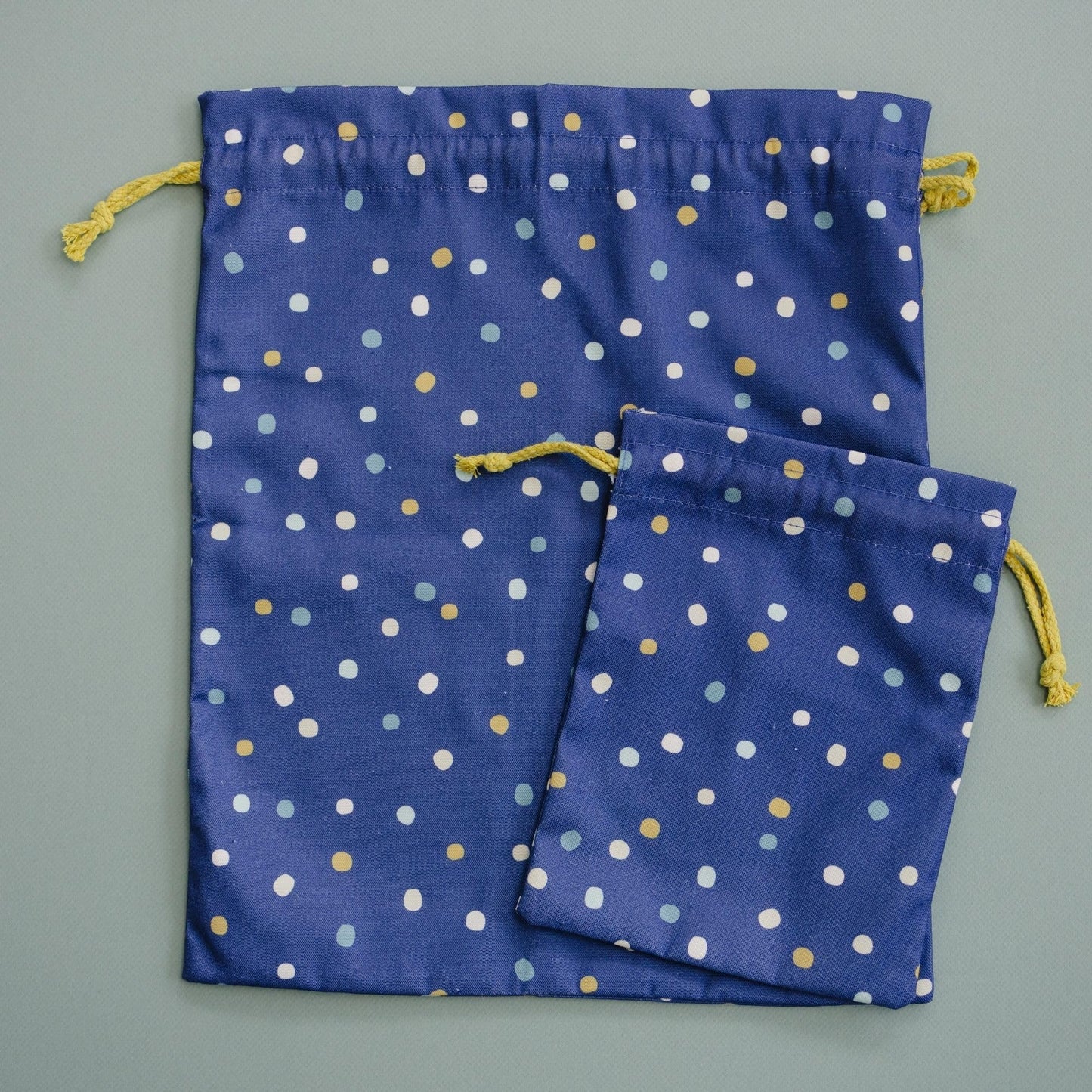Gather & Knot Dot Gift Bags | Reusable Fabric Drawstring Bags | Large 20” & Small 12” | Premium Canvas Wrap for Birthdays, Showers & Gifting | Navy Painted Dots